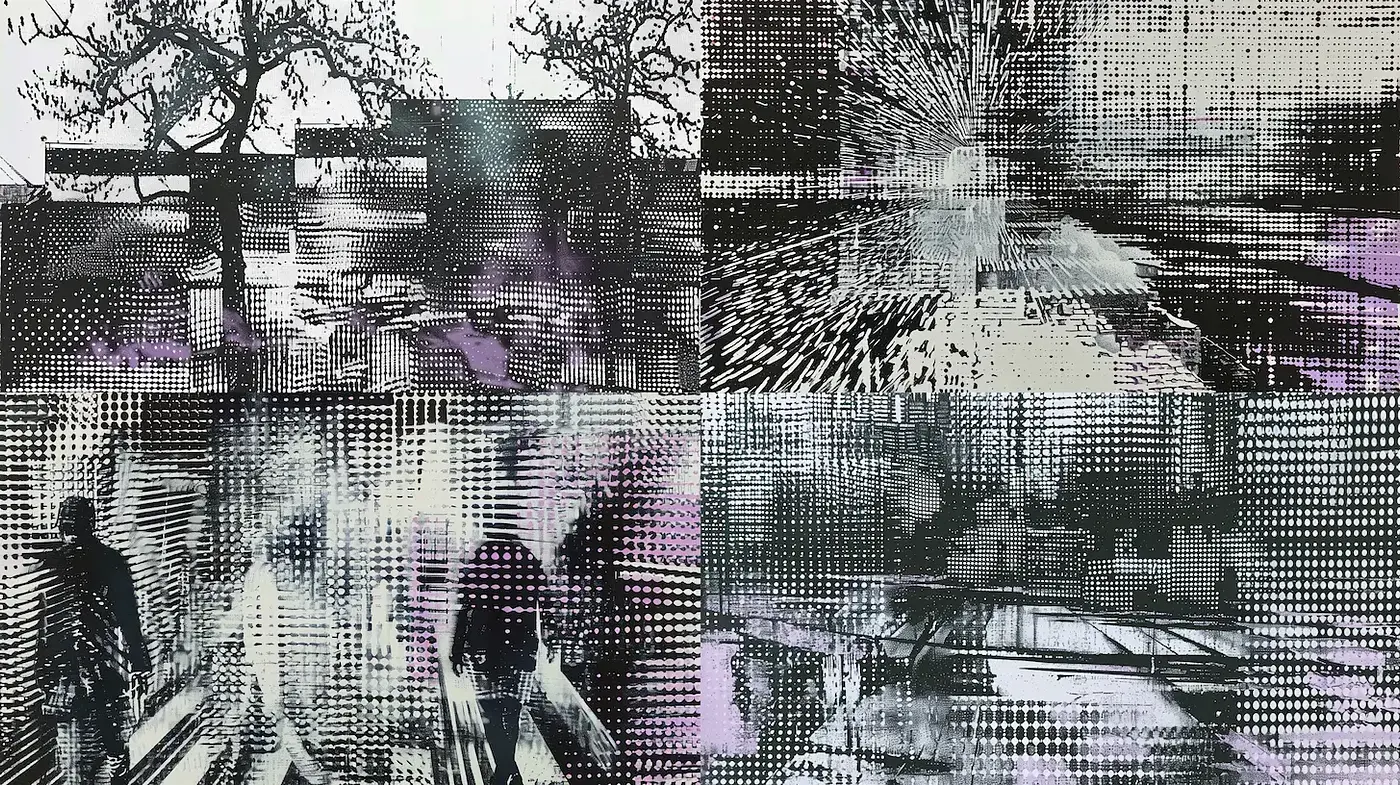 Monochromatic Distortion with Abstract Elements - Midjourney sref style