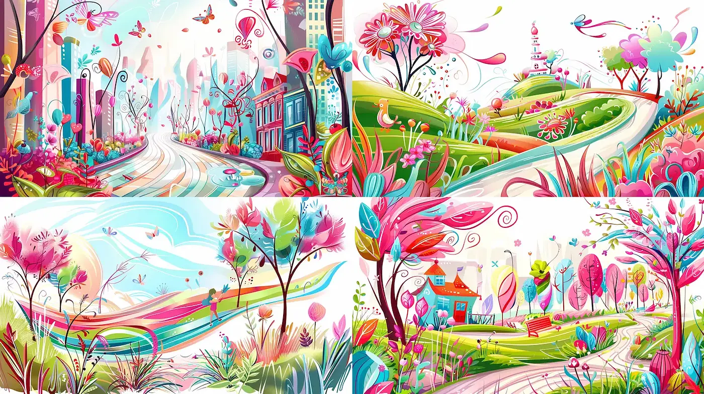 Vibrant and Whimsical Landscapes with a Playful Aesthetic - Midjourney sref style