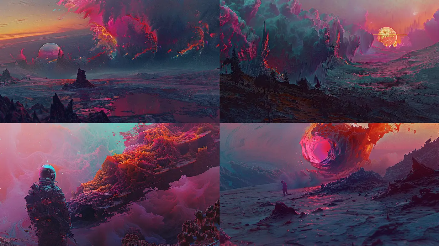 Ethereal Dusk: A Surrealist Synthesis of Extraterrestrial Landscapes and Cosmic Phenomena - Midjourney sref style