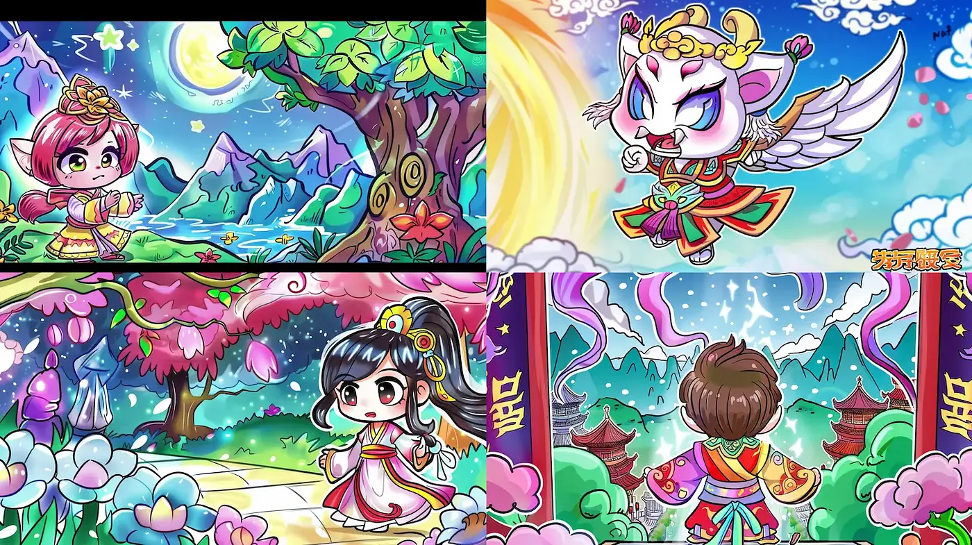 Vibrant, whimsical scenes under a fantastical sky - Midjourney sref style
