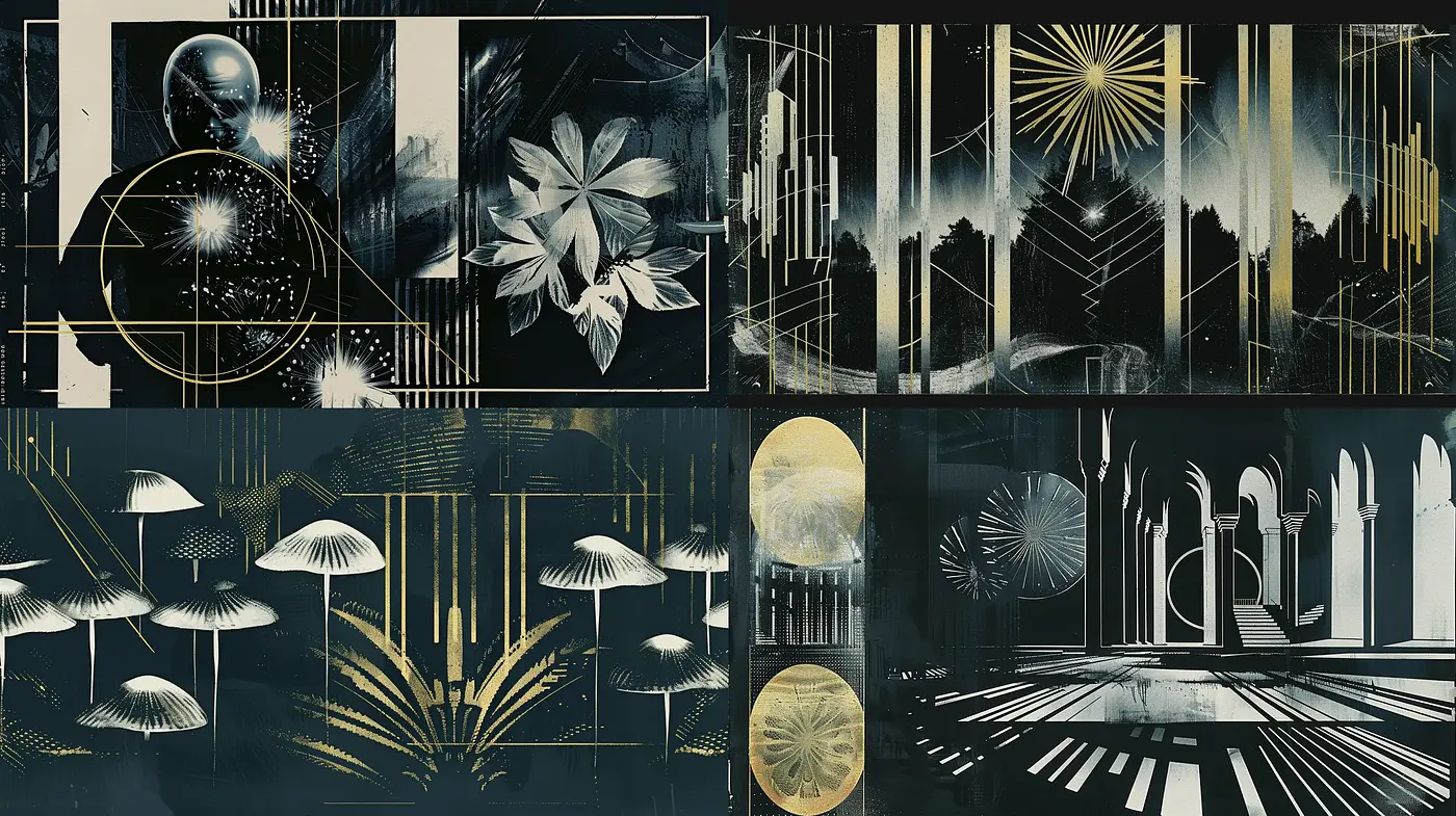 Futuristic Art Deco Fusion with a Monochromatic Golden Noir Ambiance - Midjourney sref style