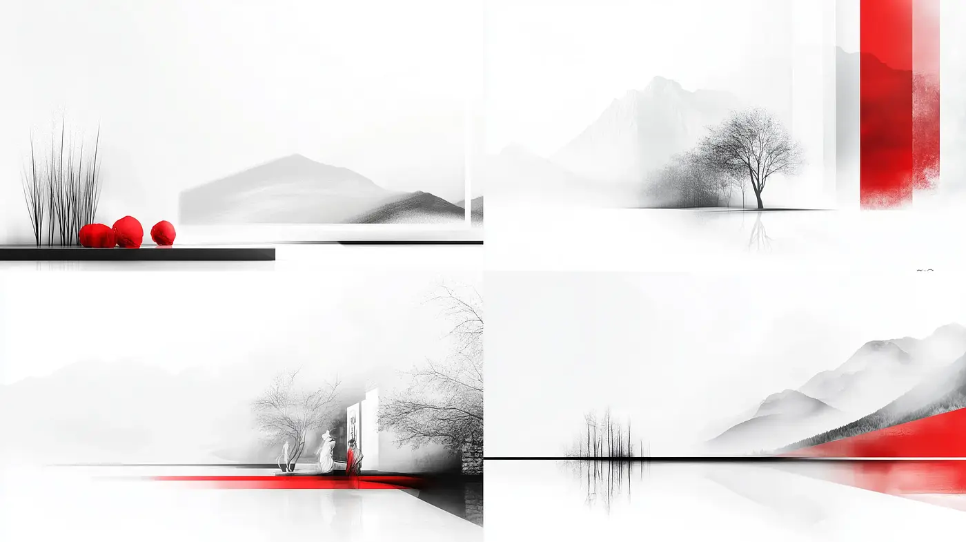 Ethereal Monochrome Landscapes with a Dash of Red - Midjourney sref style