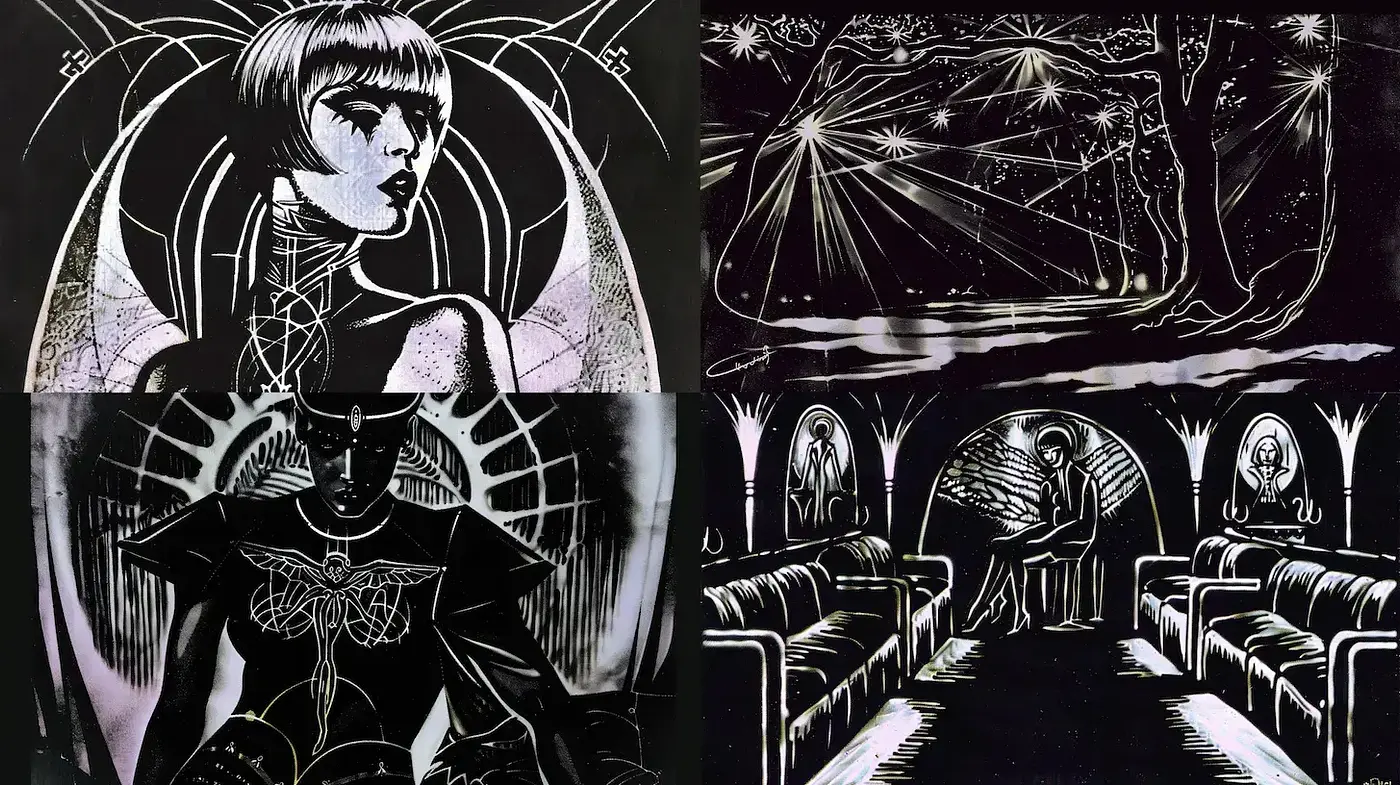 Stylized black and white imagery with a futuristic gothic ambiance - Midjourney sref style
