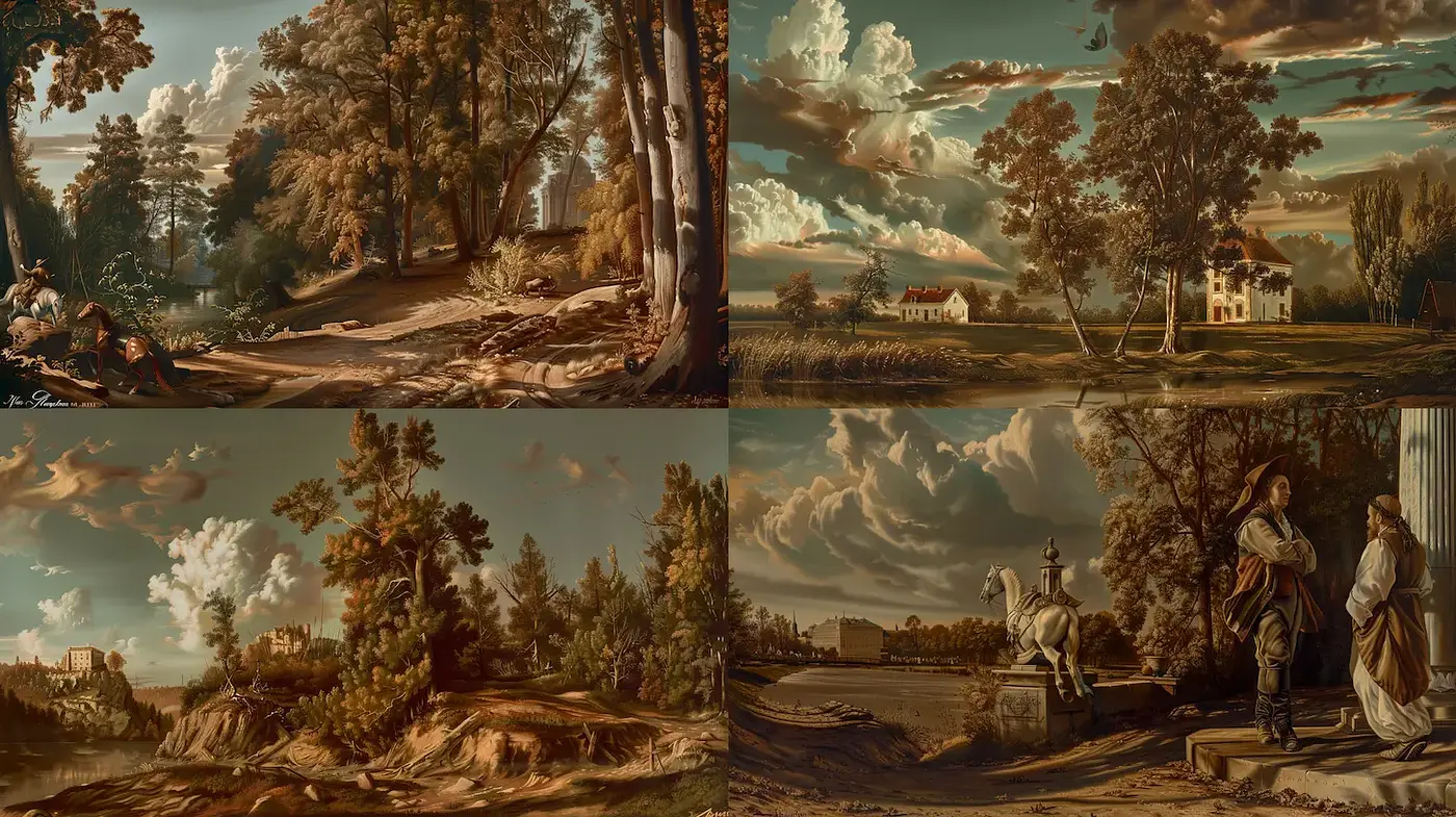 Classic pastoral landscapes evoking a romantic atmosphere with a baroque influence - Midjourney sref style