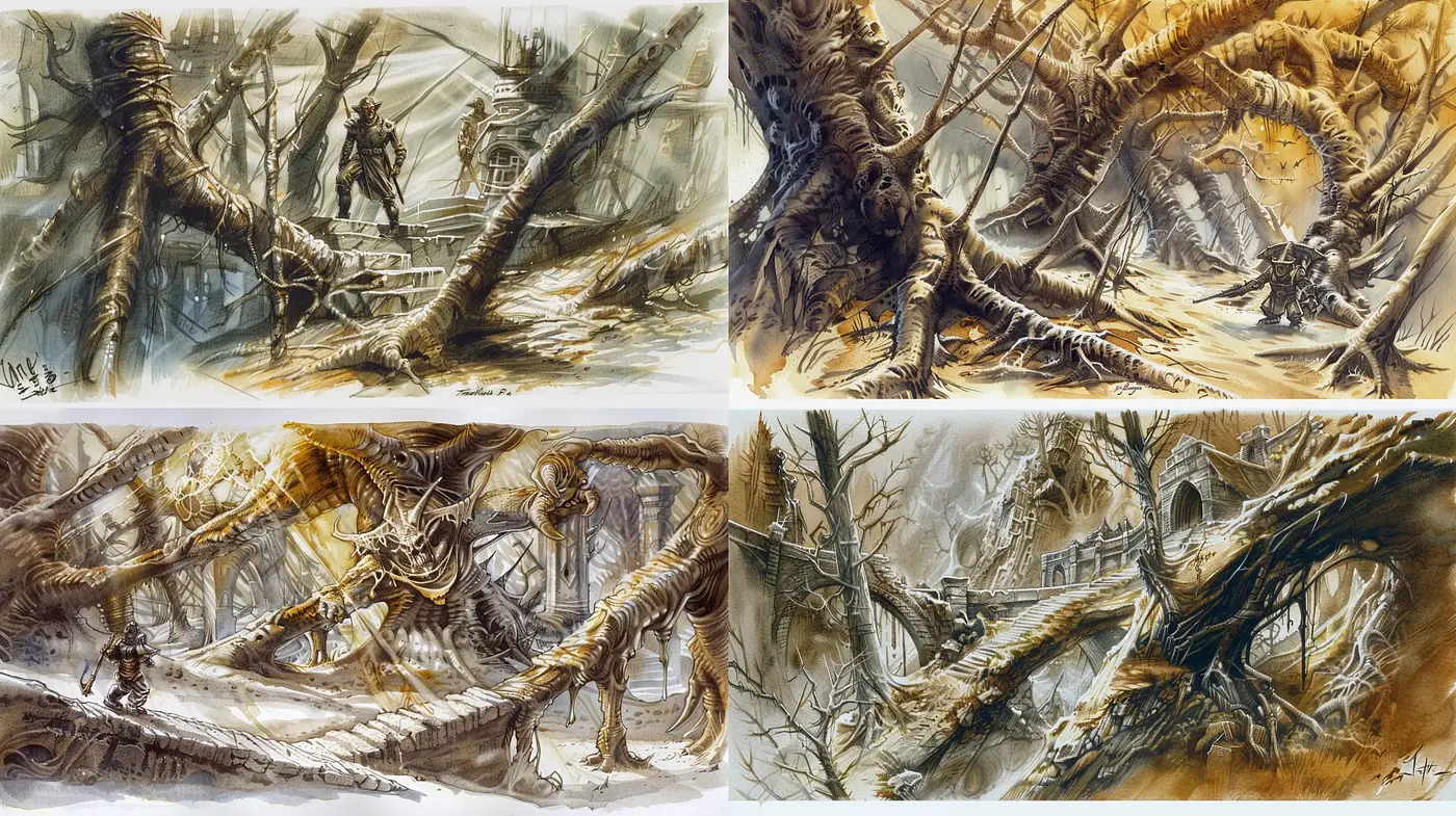 Whimsical Sepia-toned Fantastical Landscape Illustrations - Midjourney sref style