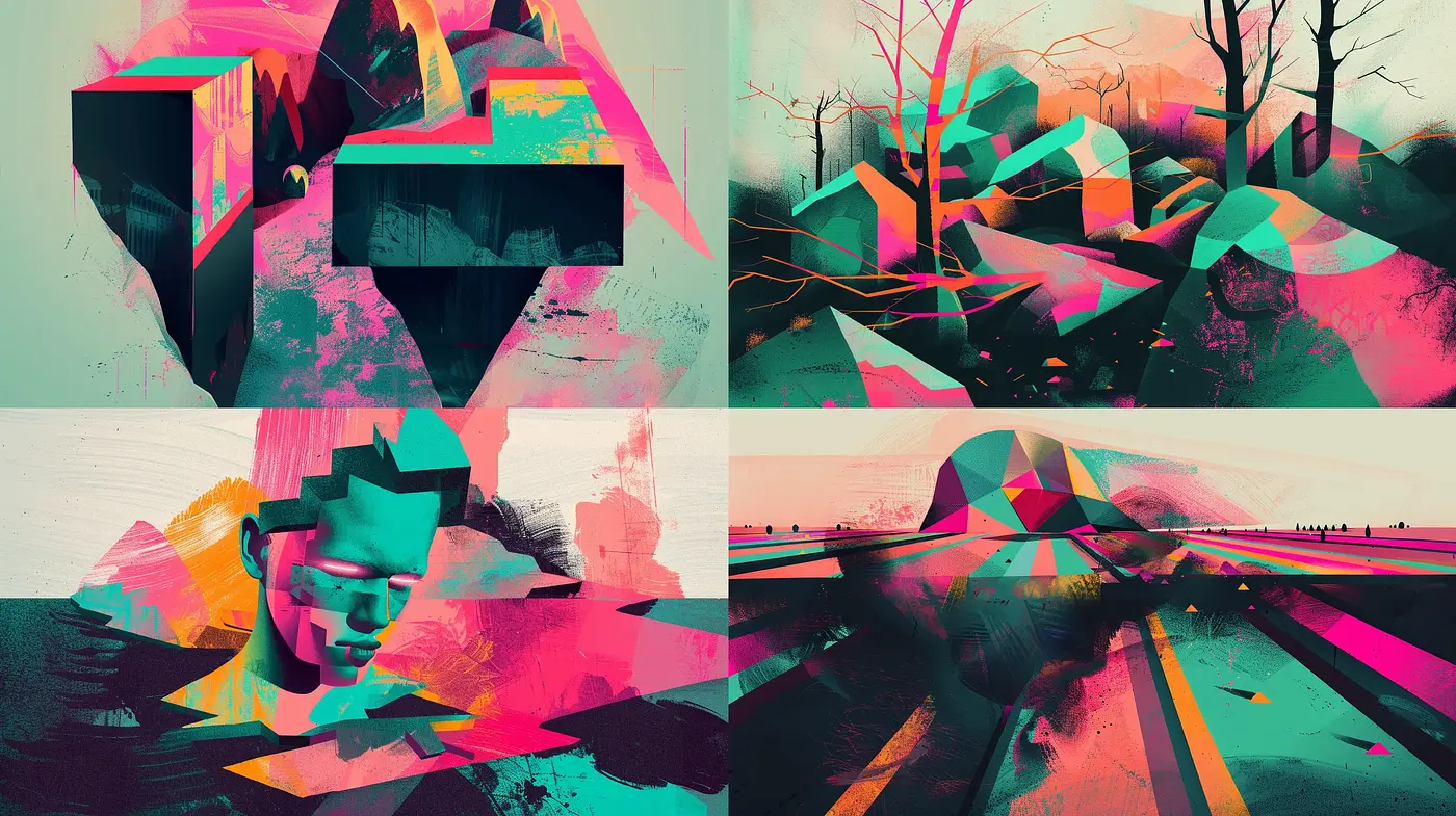 Abstract Geometric Landscape with Surrealist Touch - Midjourney sref style