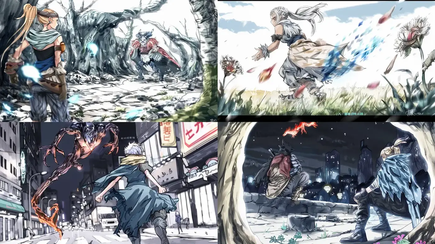 Dynamic and Ethereal Fusion of Anime and Urban Fantasy - Midjourney sref style