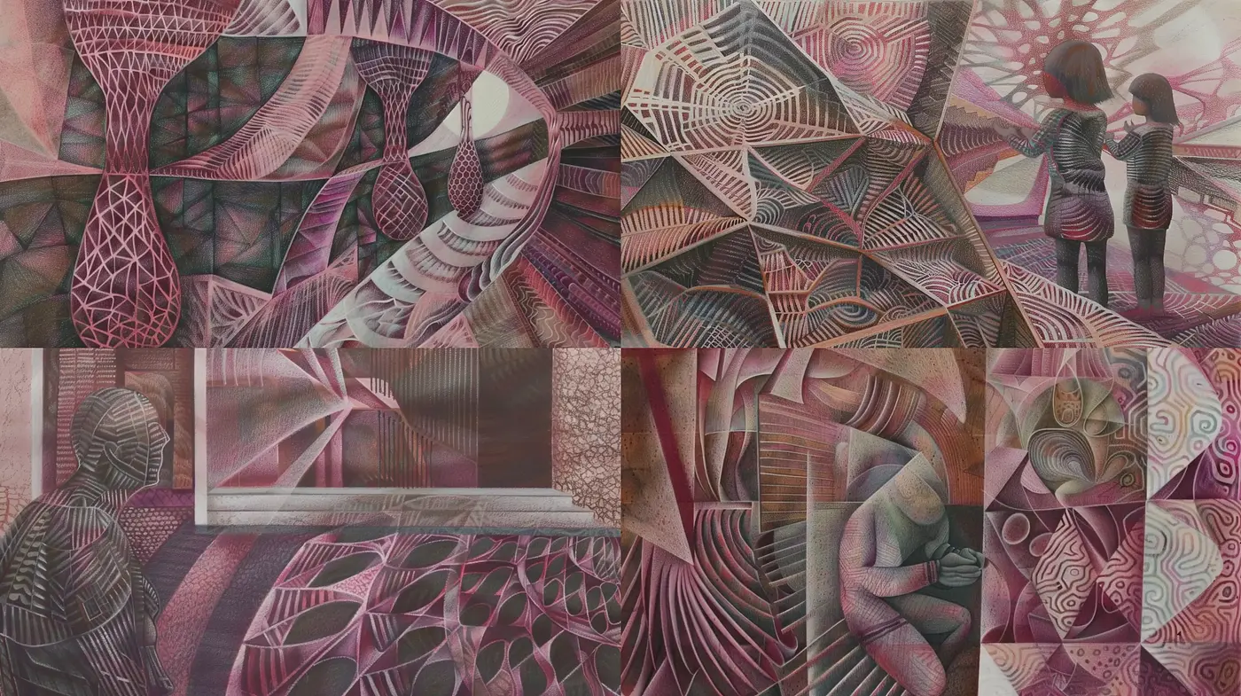 Surreal Geometric Weaves in Muted Berry Tones - Midjourney sref style