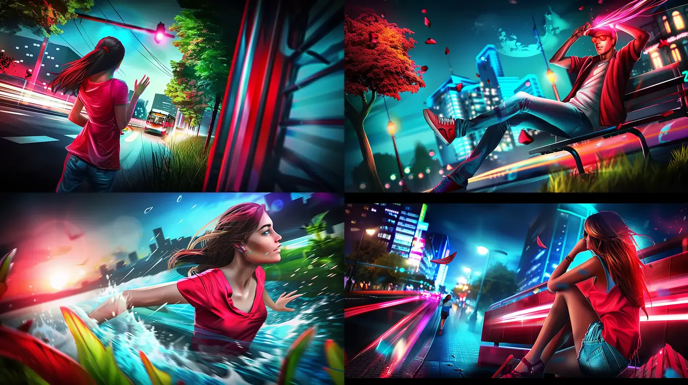 Vibrant Urban Twilight: A Symphony of Neon Gloss and Dynamic Angles - Midjourney sref style