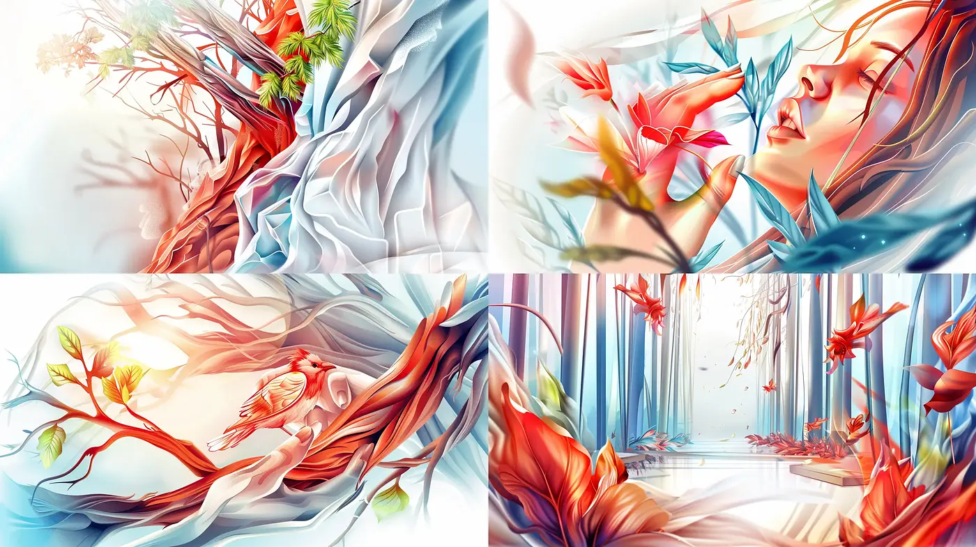 Vivid Ethereal Fusion: A Dance of Nature and Fantasy in Artistic Harmony - Midjourney sref style