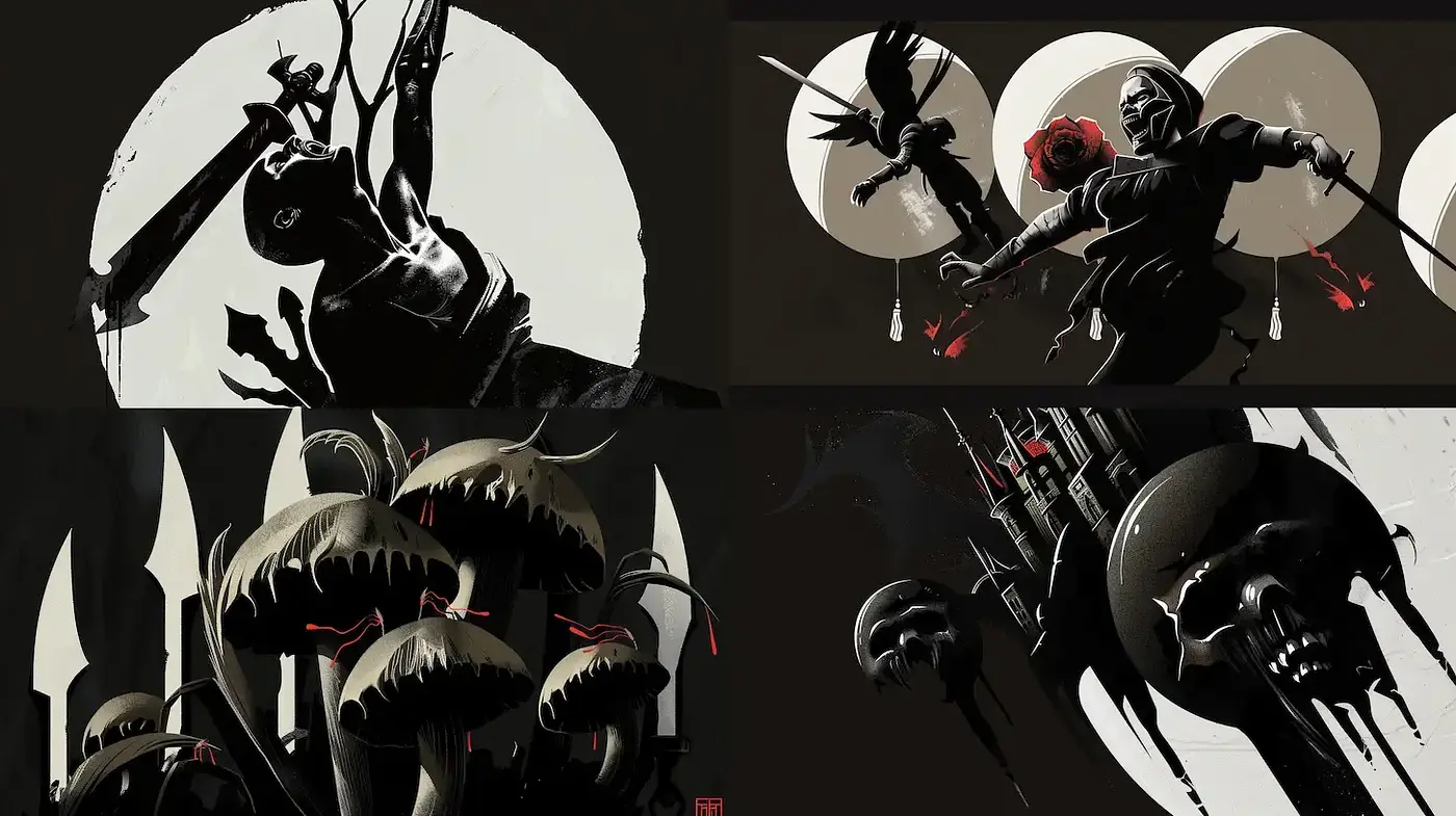 Dark and Dramatic Aesthetic with Strong Contrast and Bold Imagery - Midjourney sref style
