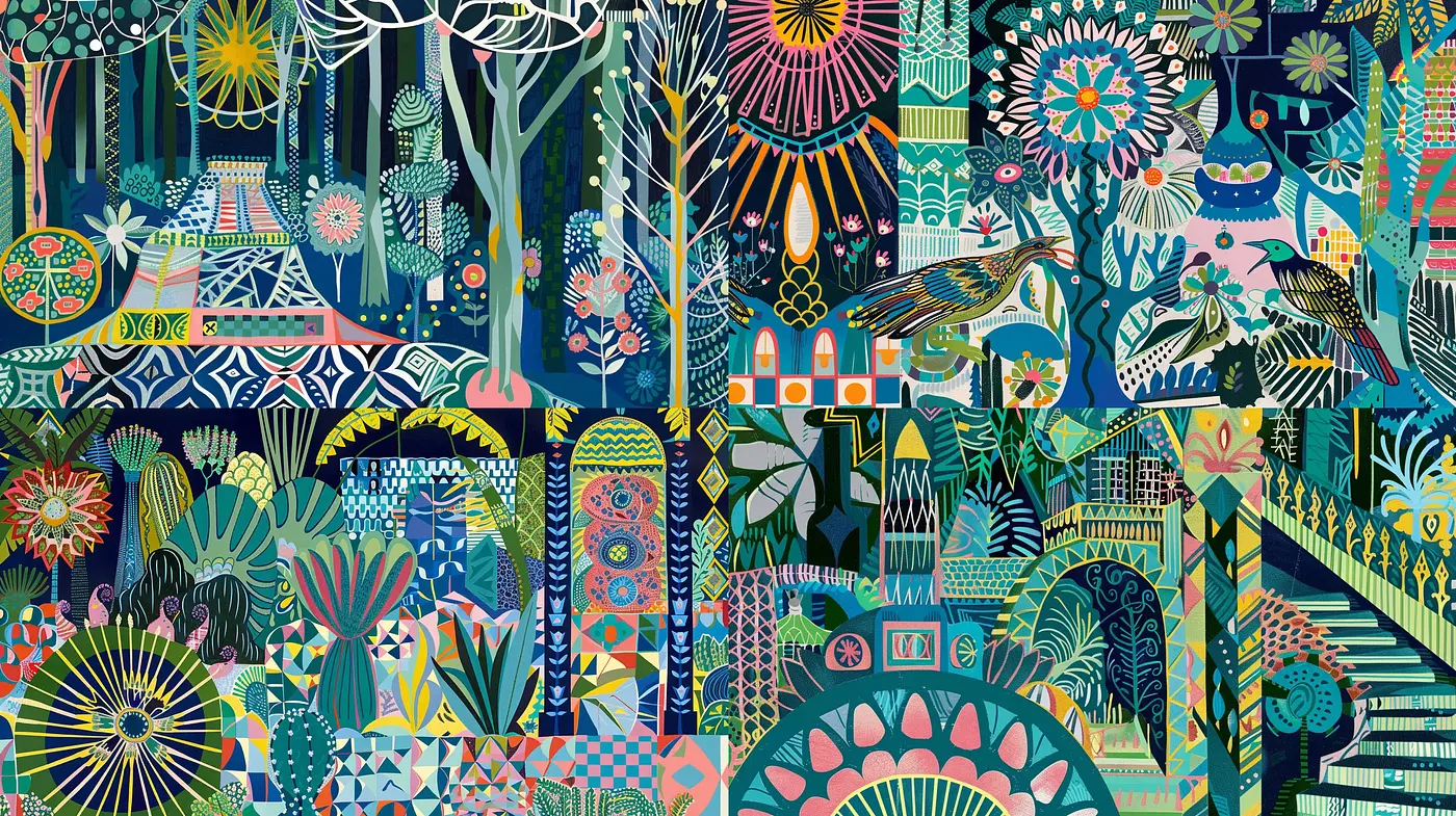 Intricate Botanical Mosaic with Enchanting Color Fusion - Midjourney sref style