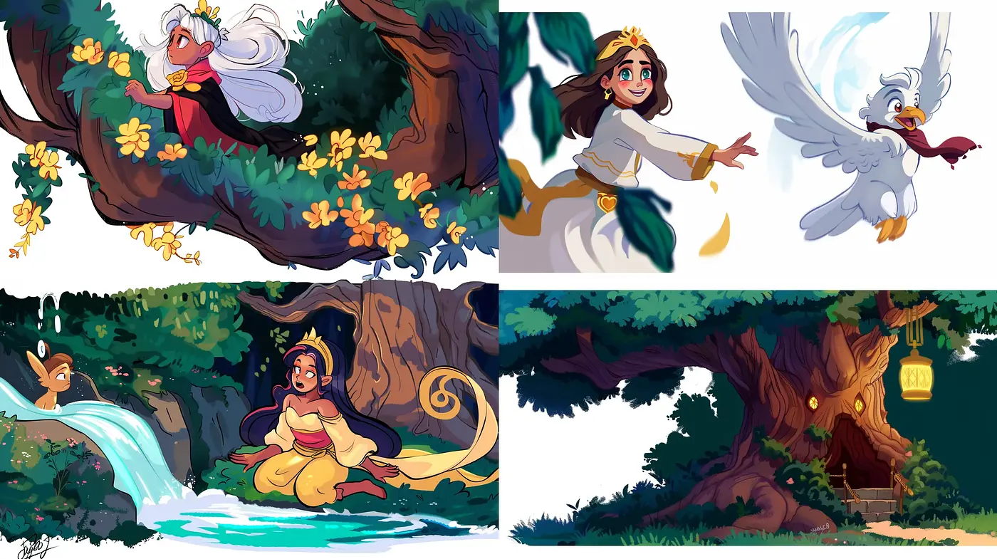 Enchanted Nature's Embrace with Vibrant Animated Storybook Essence - Midjourney sref style