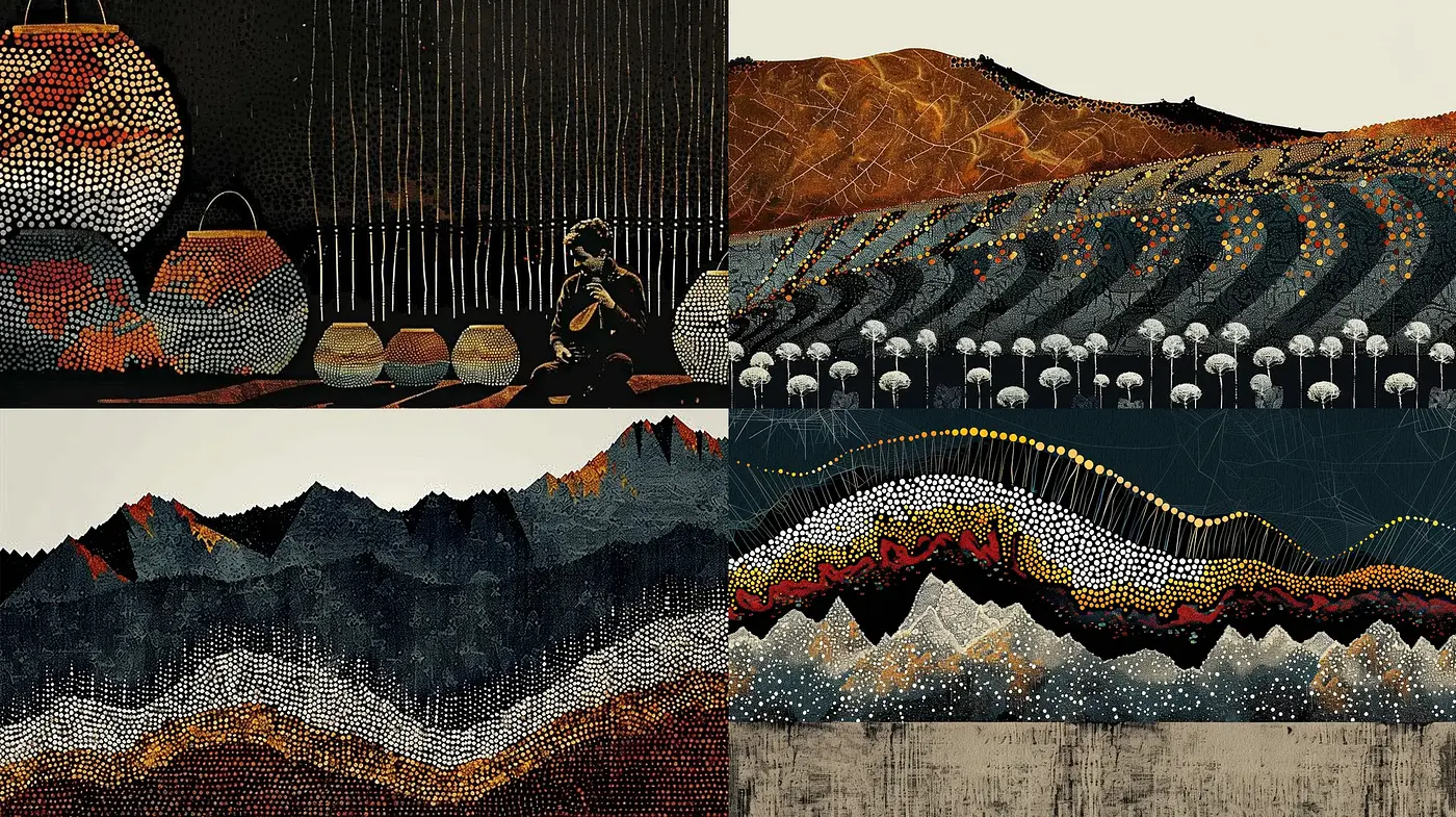 Abstract Dotwork Landscapes and Textures: A Consistent Study in Pointillism and Earth Tones - Midjourney sref style