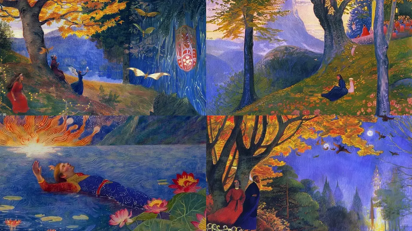 Vibrant and Harmonious Dreamlike Landscapes with Intimate Themes - Midjourney sref style