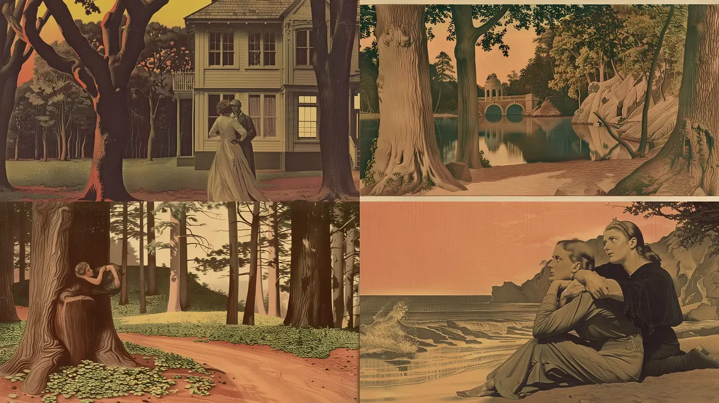Twilight Hues and Romantic Nostalgia in Stylized Pastoral Scenes - Midjourney sref style