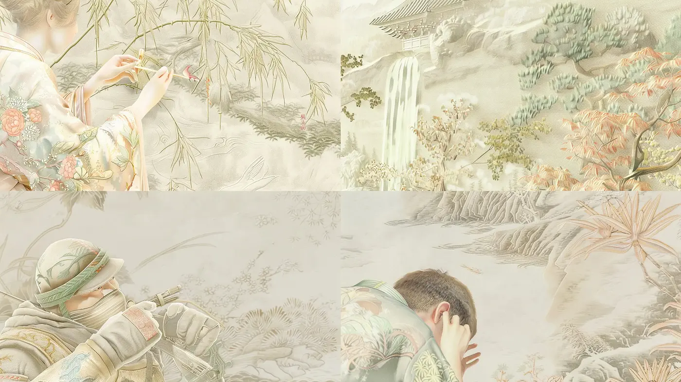 Serene Pastoral Dreamscapes: An Ethereal Fusion of East Asian Artistry - Midjourney sref style