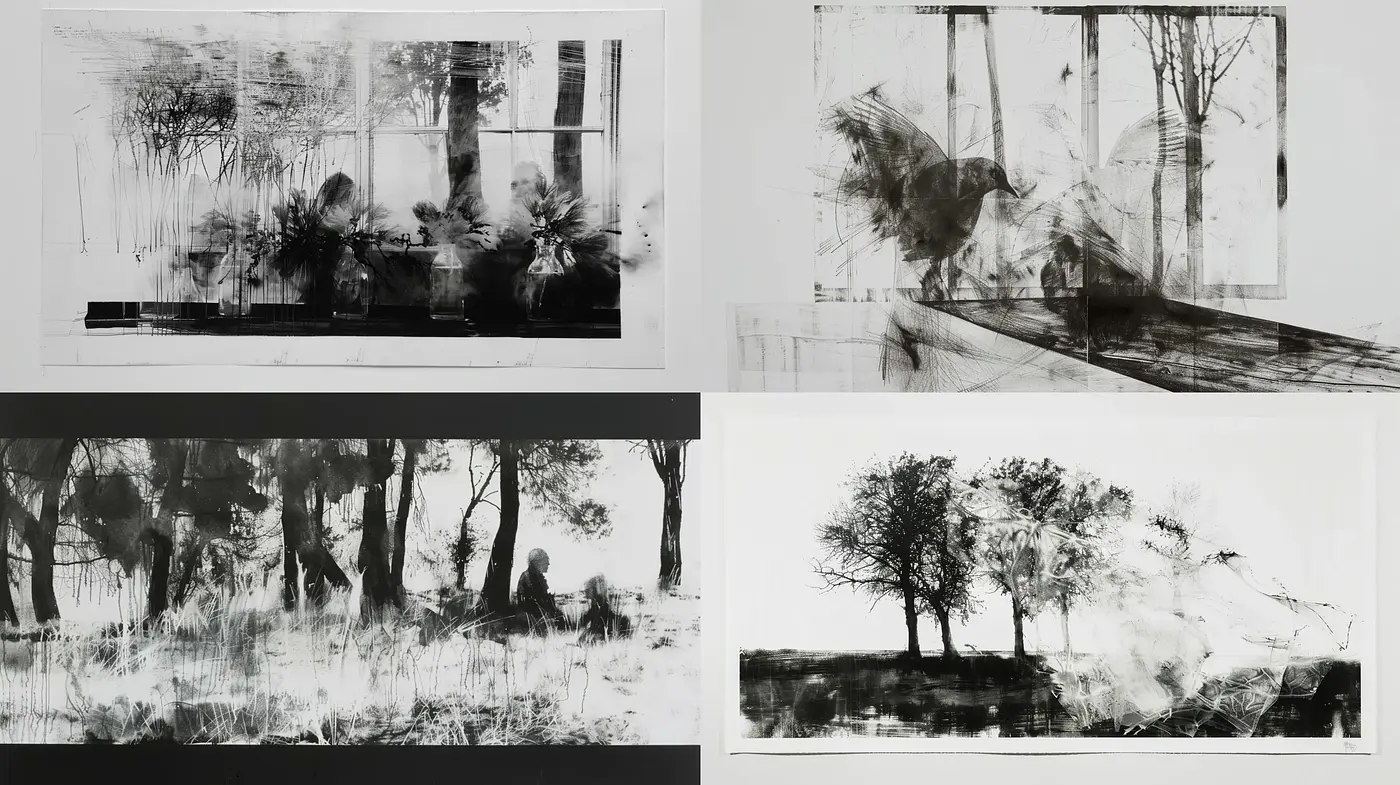 Monochromatic Abstract Nature Scene with Expressionist Undertones - Midjourney sref style
