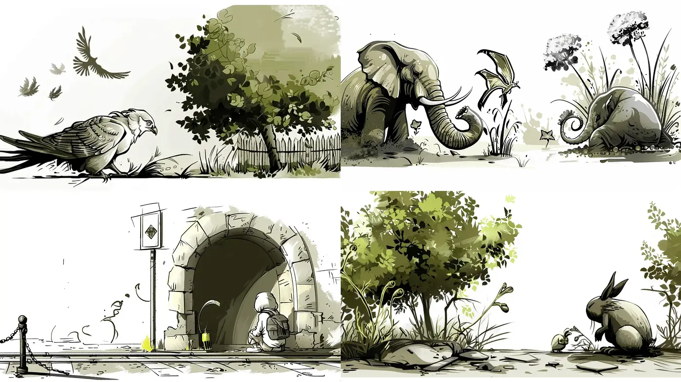 Monochromatic Nature Fusion With Hints of Storybook Illustration - Midjourney sref style
