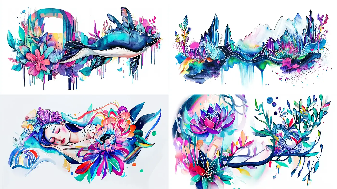 Ethereal Nature Fusion with Vibrant Color Bursts and Fluid Forms - Midjourney sref style