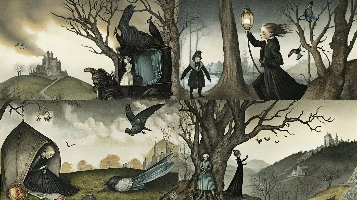 Mysterious and Whimsical Gothic Fantasy with a Touch of Darkness - Midjourney sref style