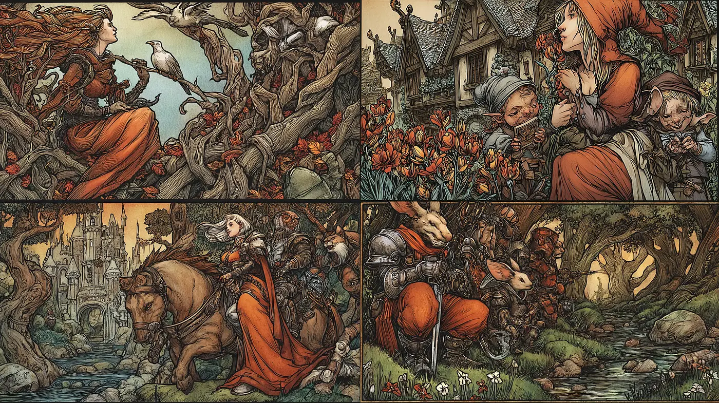 Whimsical fantasy narrative with intricate linework and earthy tones - Midjourney sref style