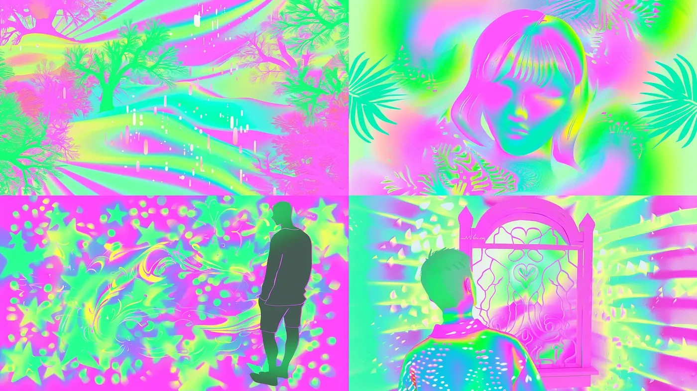 Vibrant Psychedelic Dreamscape with Surrealist Overtones - Midjourney sref style