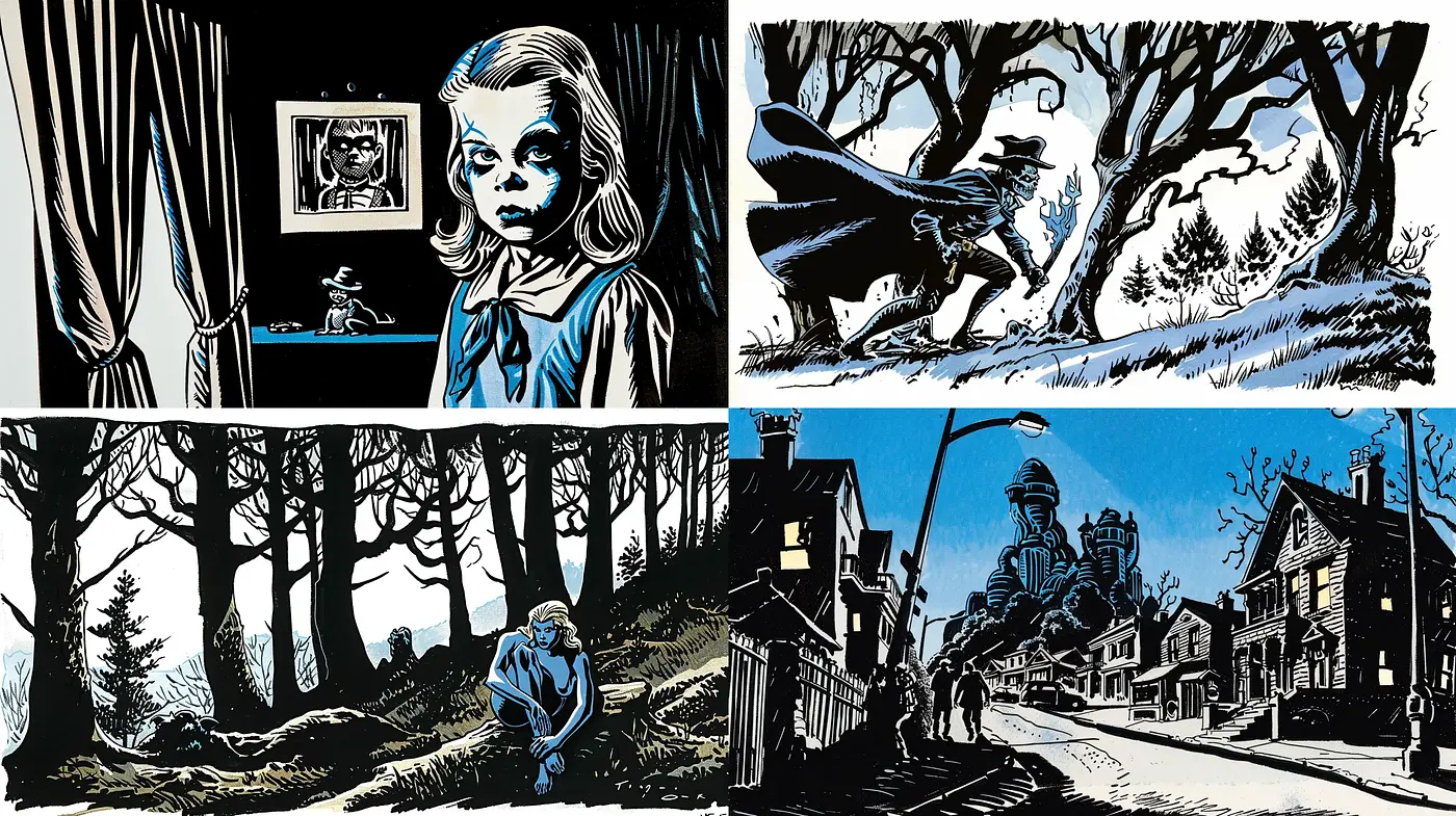 Gothic Graphic Novel Essence with a Stark Monochromatic Contrast - Midjourney sref style