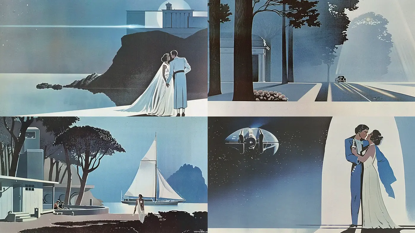 Futuristic Elegance with a Romantic Palette – An Homage to Sci-Fi Paperbacks and Art Deco Design - Midjourney sref style