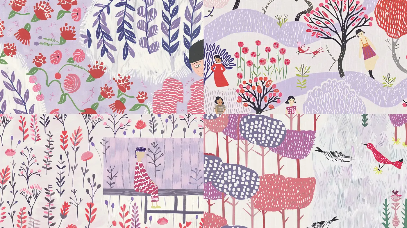 Whimsical Nature-Inspired Tapestry: A Blend of Folk Artistry and Contemporary Illustration - Midjourney sref style