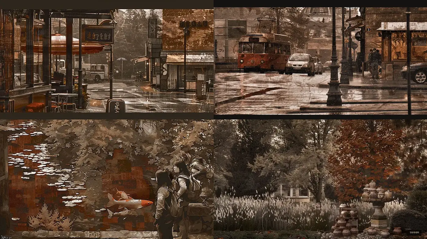 Ethereal Vintage Urban Landscapes with Natural Elements - Midjourney sref style