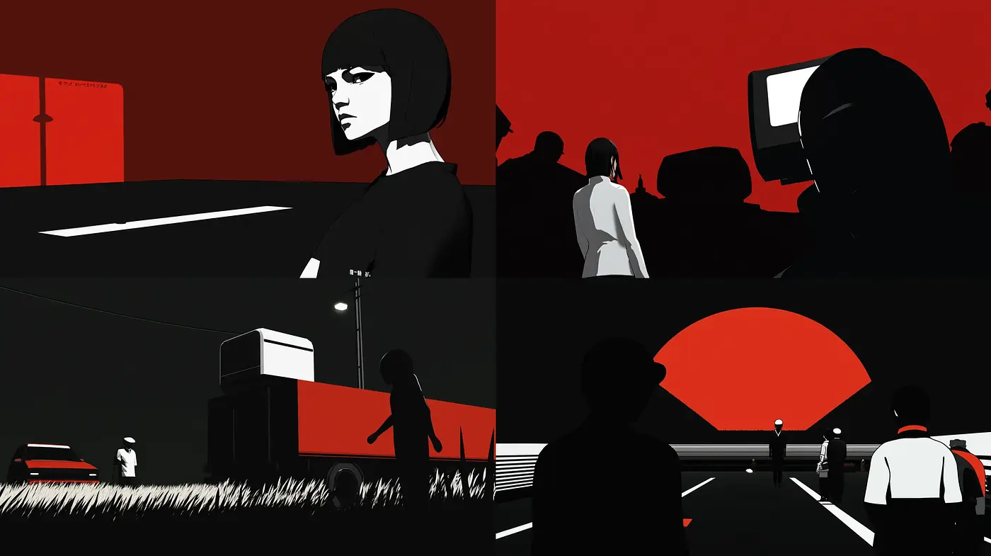 Stark Noir Contrast: A Homage to Bold Minimalism and Cinematic Silhouettes - Midjourney sref style