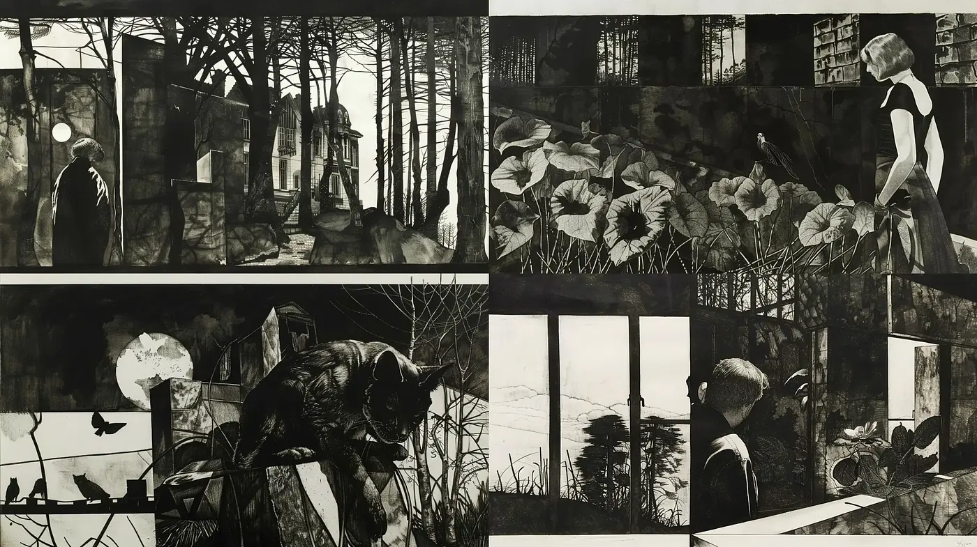 Ethereal Monochrome Montages with a Surrealist Undertone - Midjourney sref style