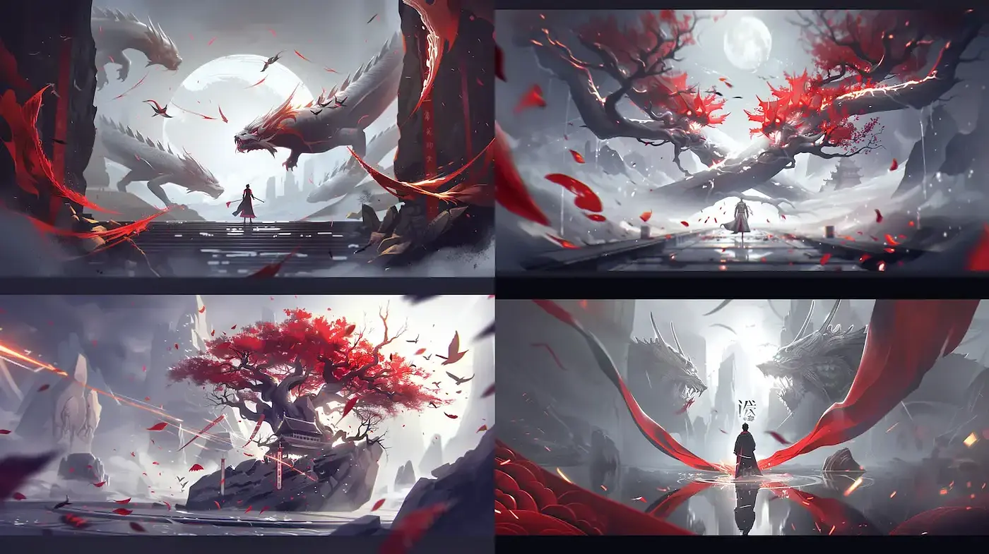 Mystical Landscapes with Dramatic Tension and Vibrant Elements - Midjourney sref style