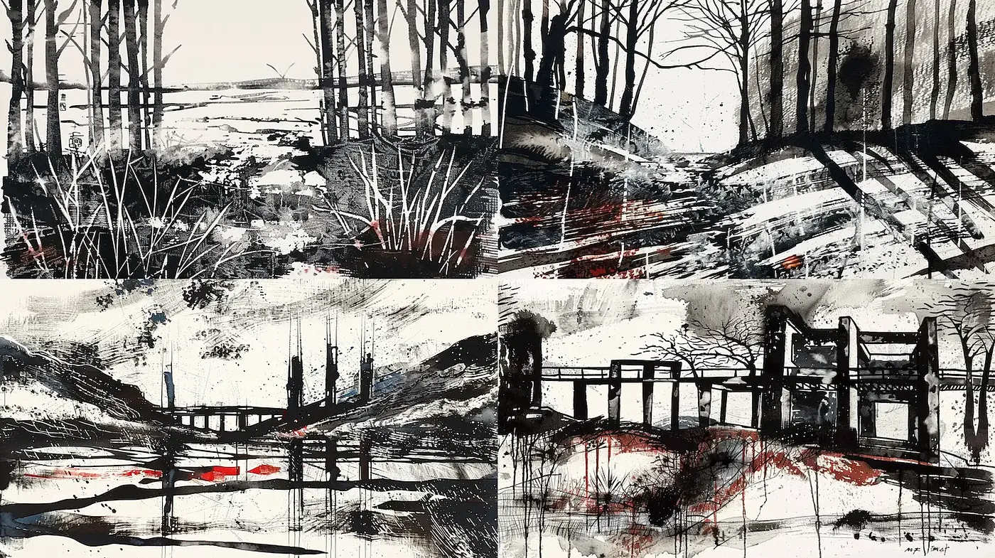 Dynamic black and white landscapes with expressive brushwork - Midjourney sref style