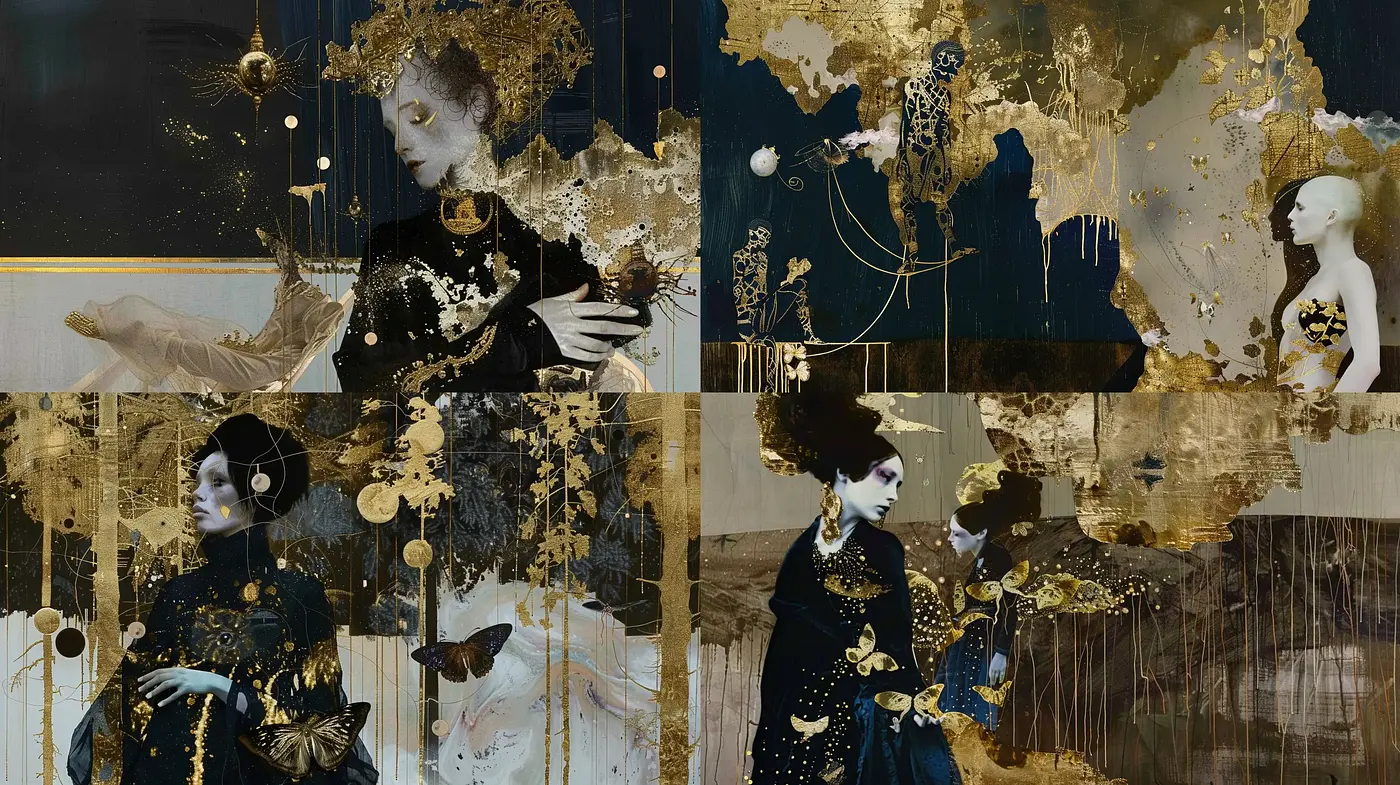Ethereal Melancholia: Decaying Gold and Monochrome Elegance - Midjourney sref style