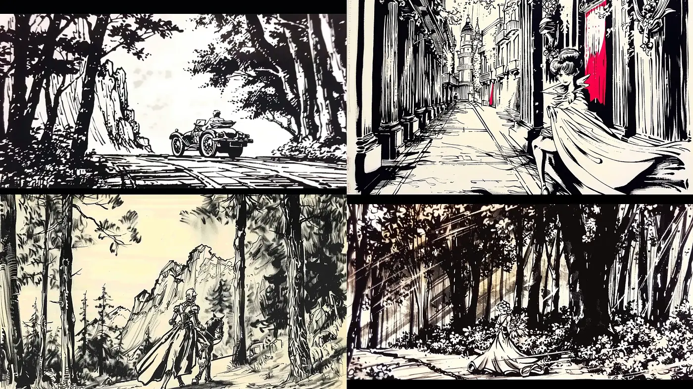 Monochrome Graphic Novel Illustration Style with Selective Color Accents - Midjourney sref style