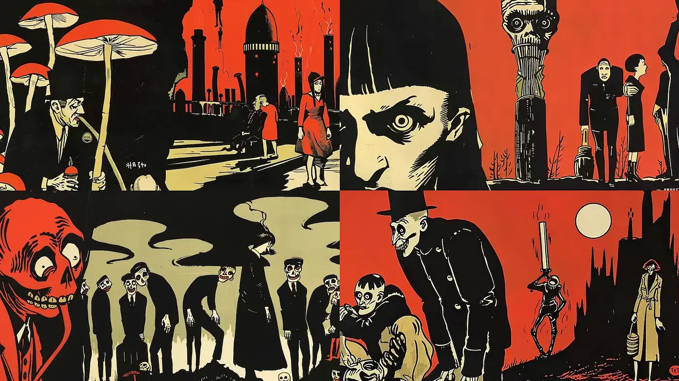 Gothic Horror with Surreal Elements and Bold Graphic Style - Midjourney sref style