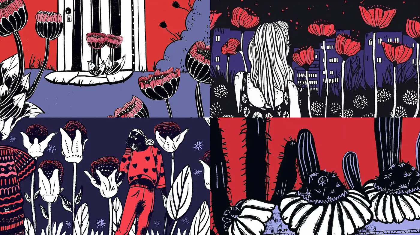 Stylized Floral Scenes with a Graphic Narrative Aesthetic - Midjourney sref style