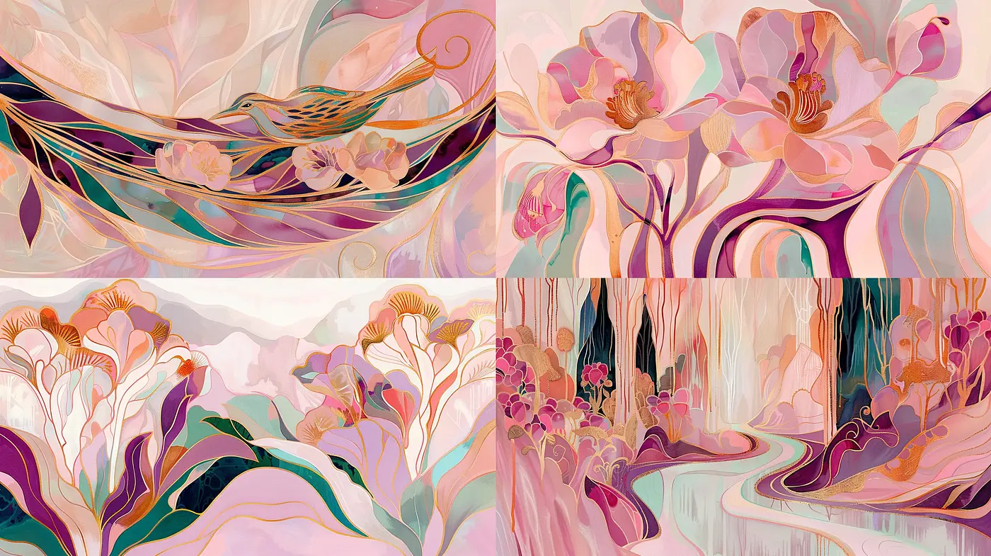 Pastel Dreamscape: Fluidity and Floral Abstraction across Stylized Landscapes - Midjourney sref style