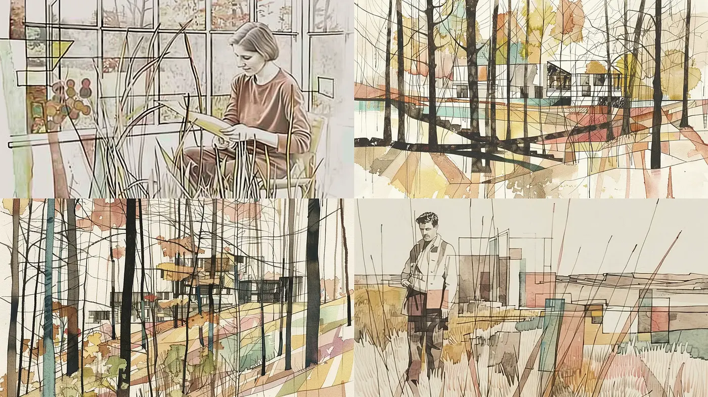 Contemporary Crosshatched Elegance with Soft Watercolor Tones - Midjourney sref style