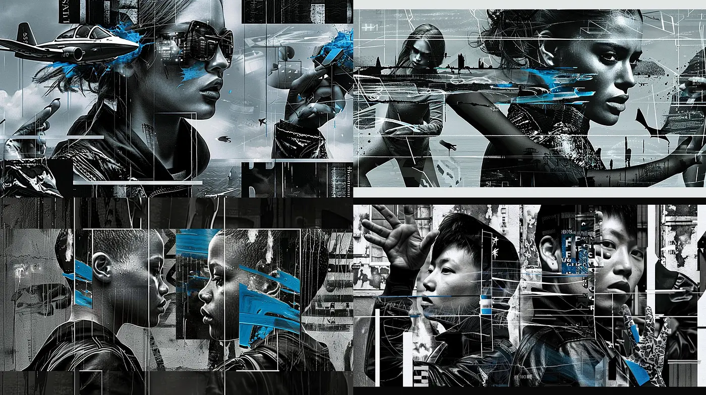 Contrasted Monochromatic Visions with a Splash of Cybernetic Blue - Midjourney sref style