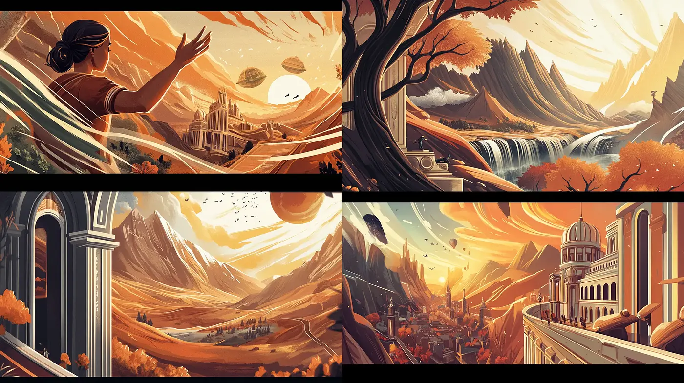 Sun-drenched Epochal Vistas: A Harmonious Fusion of Warm Tones and Epic Landscapes - Midjourney sref style