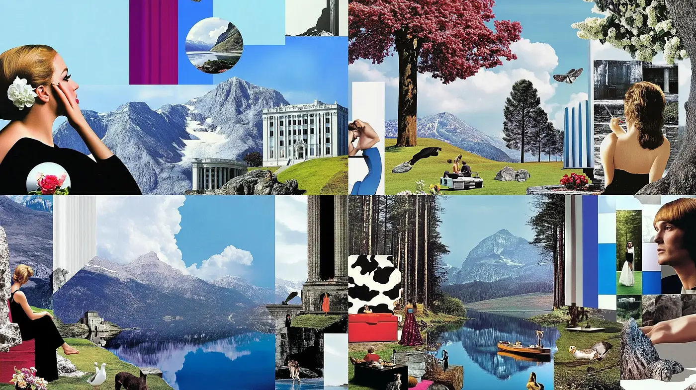 Surreal Collage Dreamscape: A Fusion of Vintaged Elegance and Contemporary Irregularities - Midjourney sref style