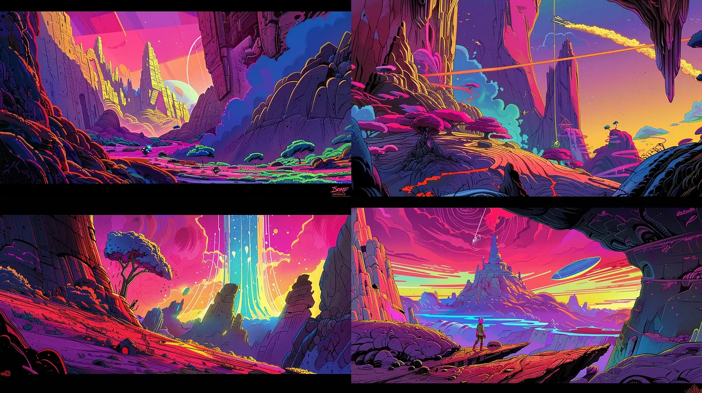 Vibrant Alien Worlds: A Meld of Surrealist Landscapes with Retro-Futuristic Sensibilities - Midjourney sref style