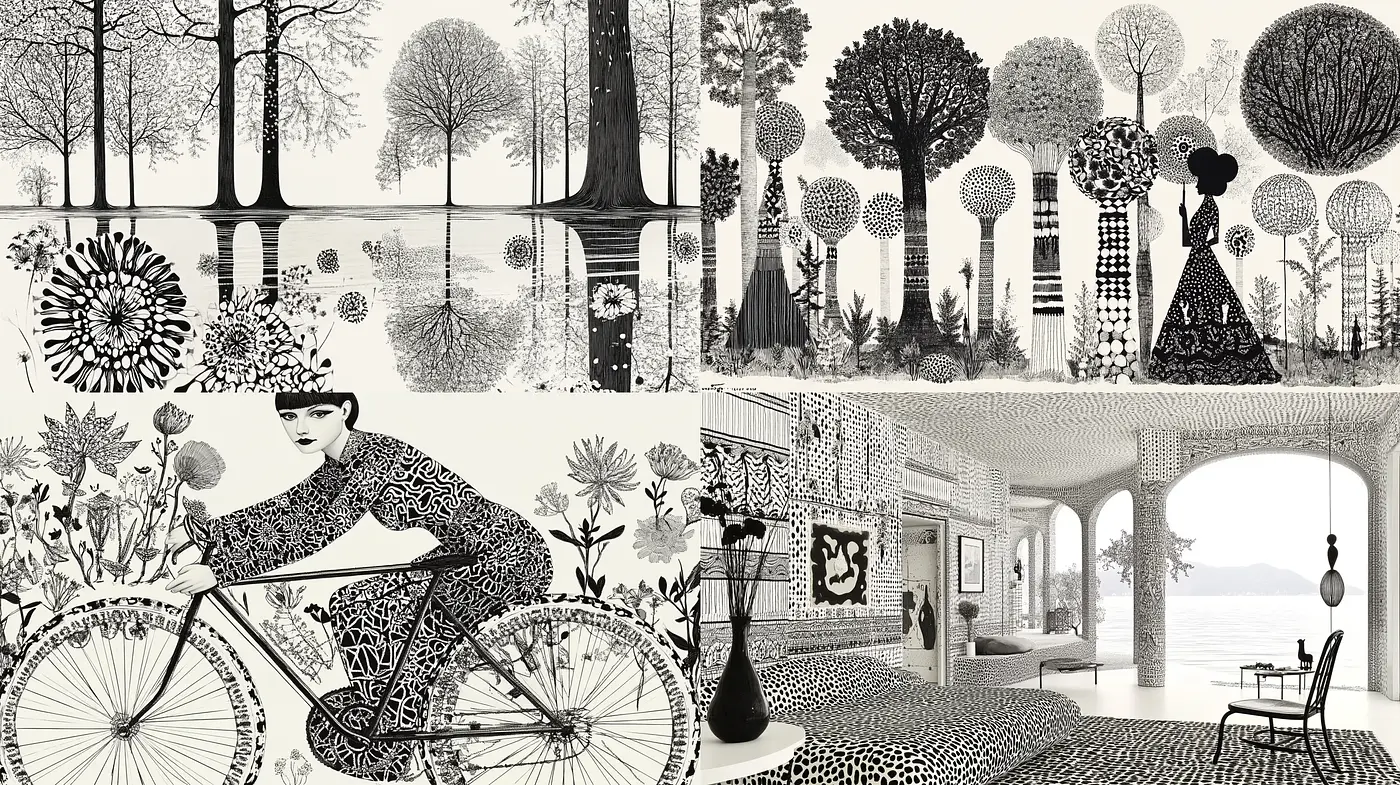 Monochromatic Dreamscape of Stylized Flora and Idyllic Vistas - Midjourney sref style