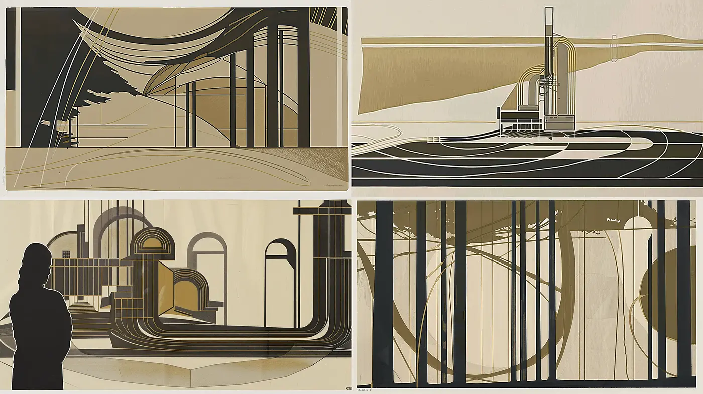 Abstract Architectural Elegance with Monochrome Silhouettes - Midjourney sref style