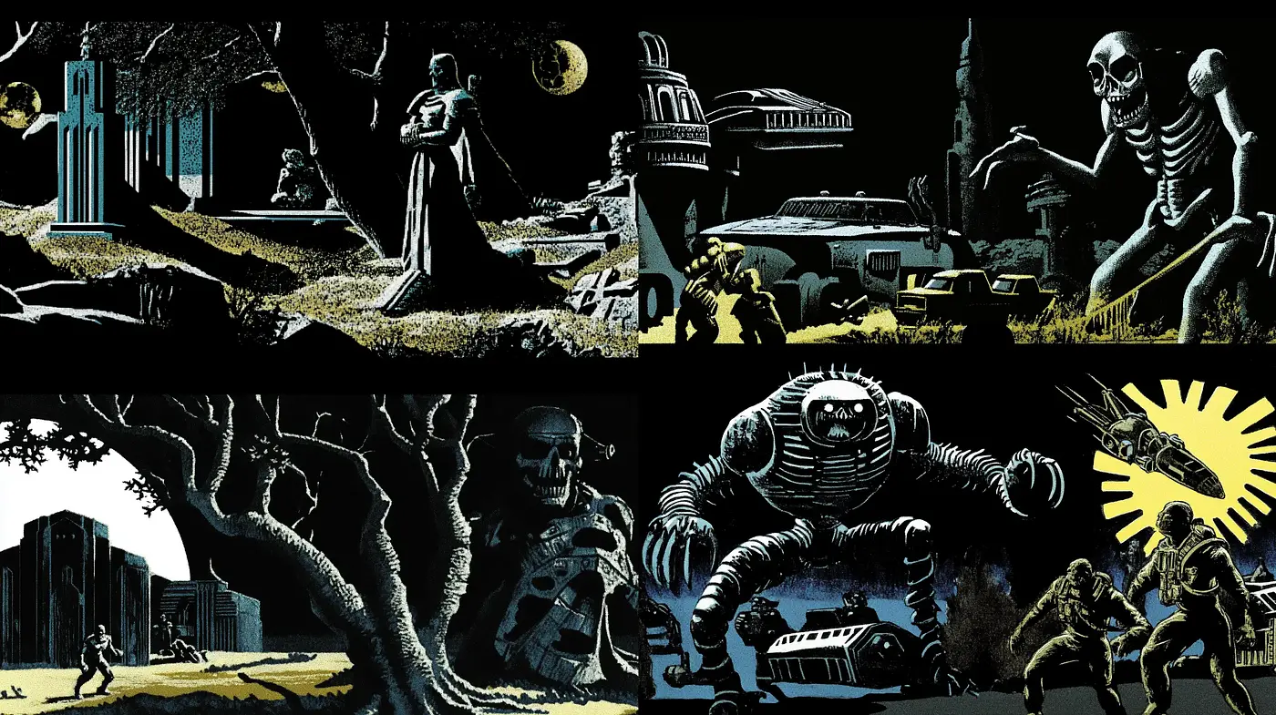 Nocturnal Science Fiction Panorama with Retro-Futuristic Vibes - Midjourney sref style