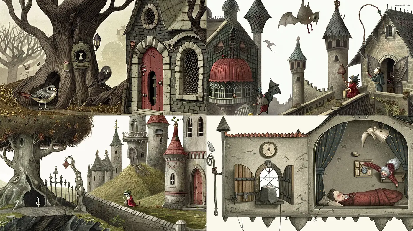 Gothic Whimsy in Sepia: A Blend of Surreal Storybook Illustrations - Midjourney sref style