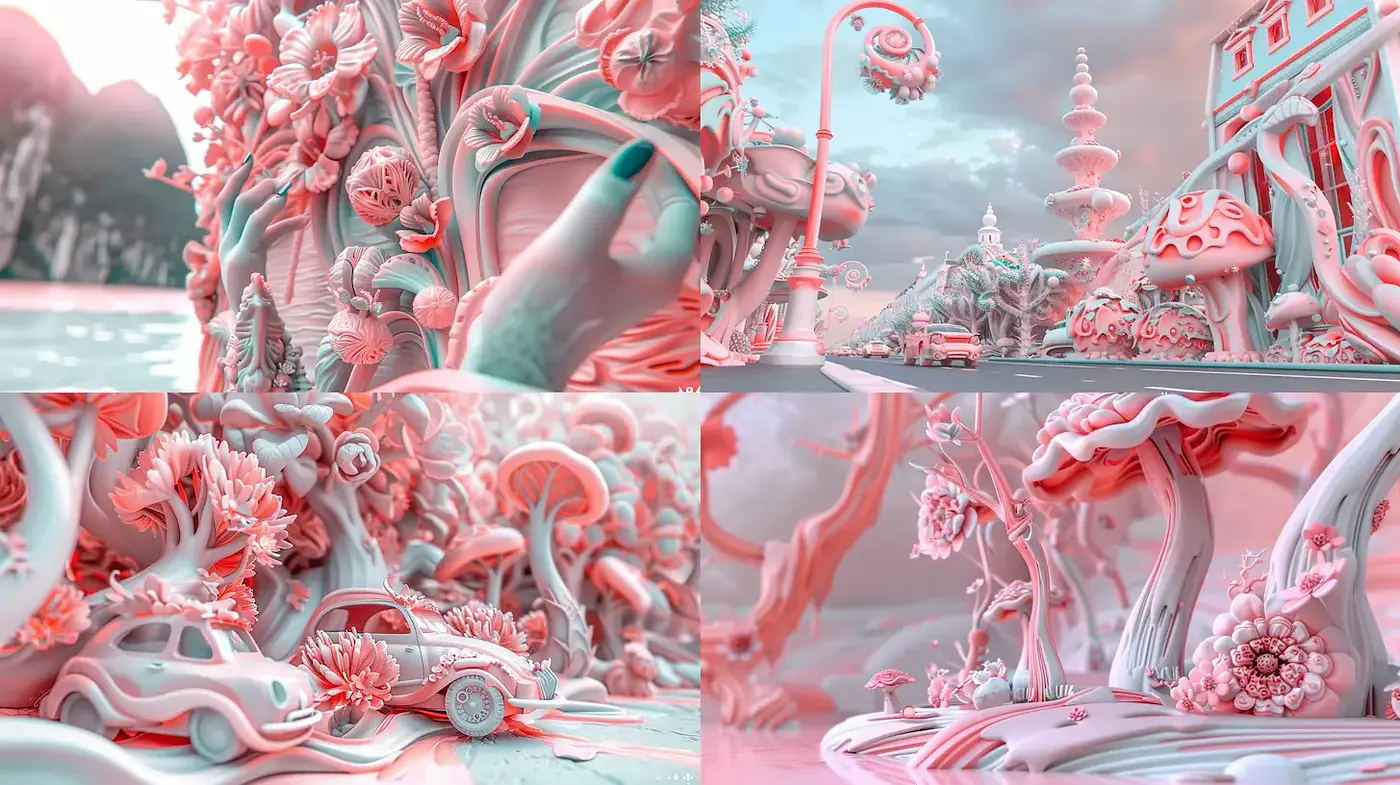 Surrealistic Playful Landscape with Organic Forms - Midjourney sref style